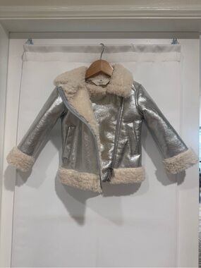 H&M Silver Metallic Faux Shearling Moto Jacket